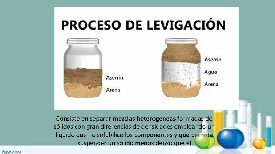 Consiste en separar mezclas heterogéneas formadas de sólidos con gran diferencias de densidades empleando