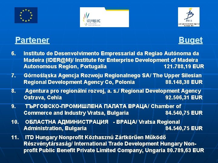 Proiect finanţat de Uniunea Europeană prin Programul Cadru 6 Partener Buget 6. Instituto de