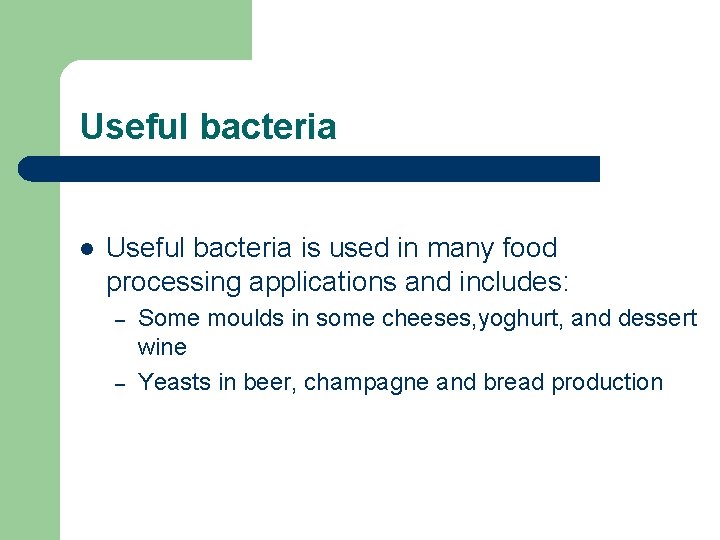 Useful bacteria l Useful bacteria is used in many food processing applications and includes: