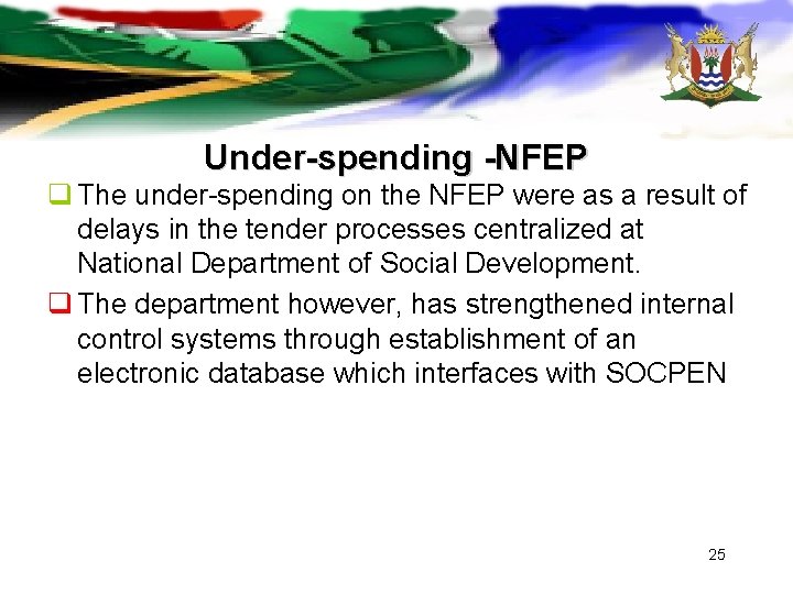 Under-spending -NFEP q The under-spending on the NFEP were as a result of delays Under-spending -NFEP q The under-spending on the NFEP were as a result of delays