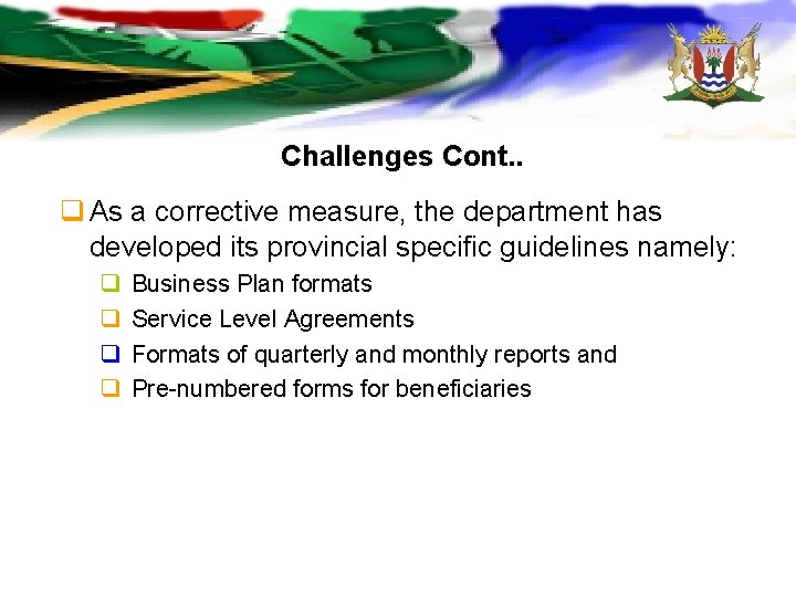 Challenges Cont. . q As a corrective measure, the department has developed its provincial Challenges Cont. . q As a corrective measure, the department has developed its provincial