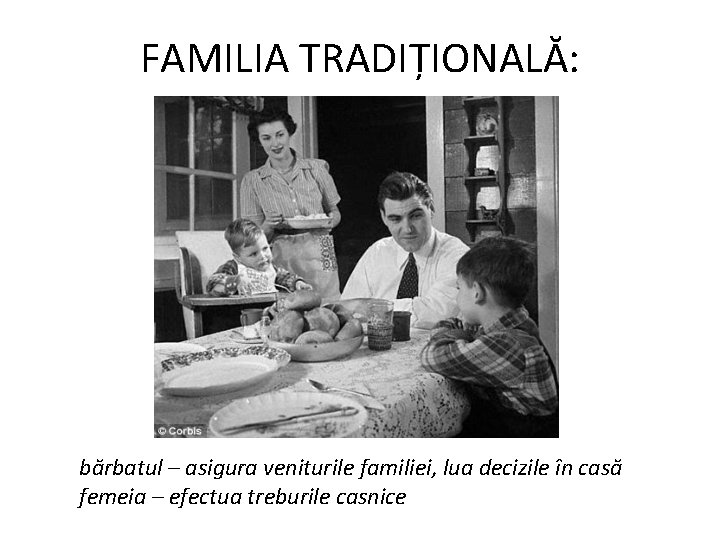 FAMILIA TRADIȚIONALĂ: bărbatul – asigura veniturile familiei, lua decizile în casă femeia – efectua