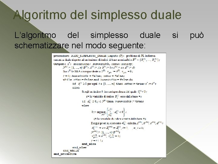 Algoritmo del simplesso duale L’algoritmo del simplesso duale schematizzare nel modo seguente: si può Algoritmo del simplesso duale L’algoritmo del simplesso duale schematizzare nel modo seguente: si può