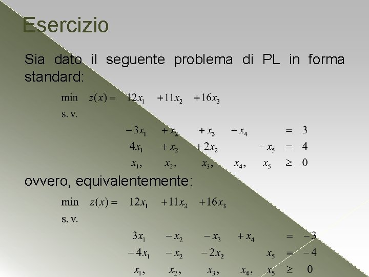 Esercizio Sia dato il seguente problema di PL in forma standard: ovvero, equivalentemente: 