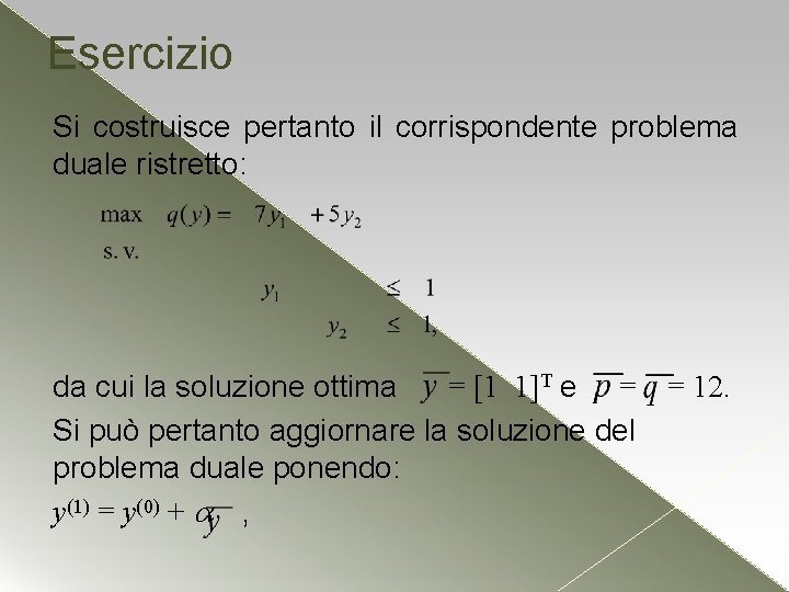 Esercizio Si costruisce pertanto il corrispondente problema duale ristretto: da cui la soluzione ottima