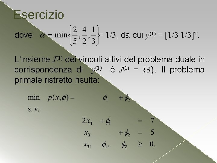 Esercizio dove = 1/3, da cui y(1) = [1/3 1/3]T. L’insieme J(1) dei vincoli