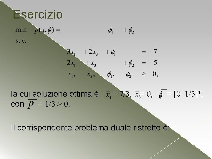 Esercizio la cui soluzione ottima è con = 1/3 > 0. = 7/3, = Esercizio la cui soluzione ottima è con = 1/3 > 0. = 7/3, =