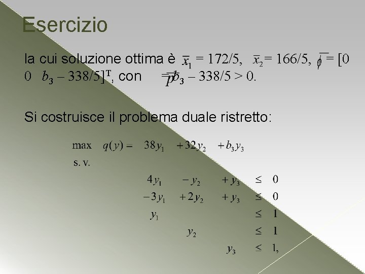 Esercizio la cui soluzione ottima è = 172/5, = 166/5, 0 b 3 – Esercizio la cui soluzione ottima è = 172/5, = 166/5, 0 b 3 –