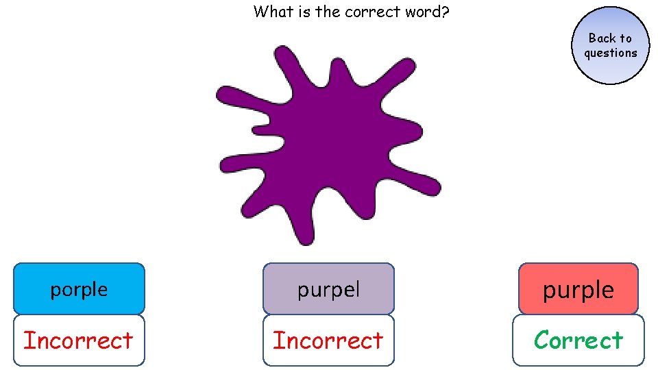 What is the correct word? Back to questions porple purpel purple Incorrect Correct What is the correct word? Back to questions porple purpel purple Incorrect Correct