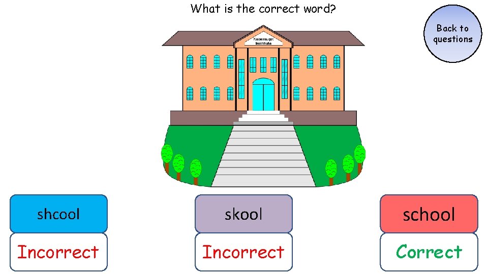 What is the correct word? Back to questions shcool skool school Incorrect Correct What is the correct word? Back to questions shcool skool school Incorrect Correct
