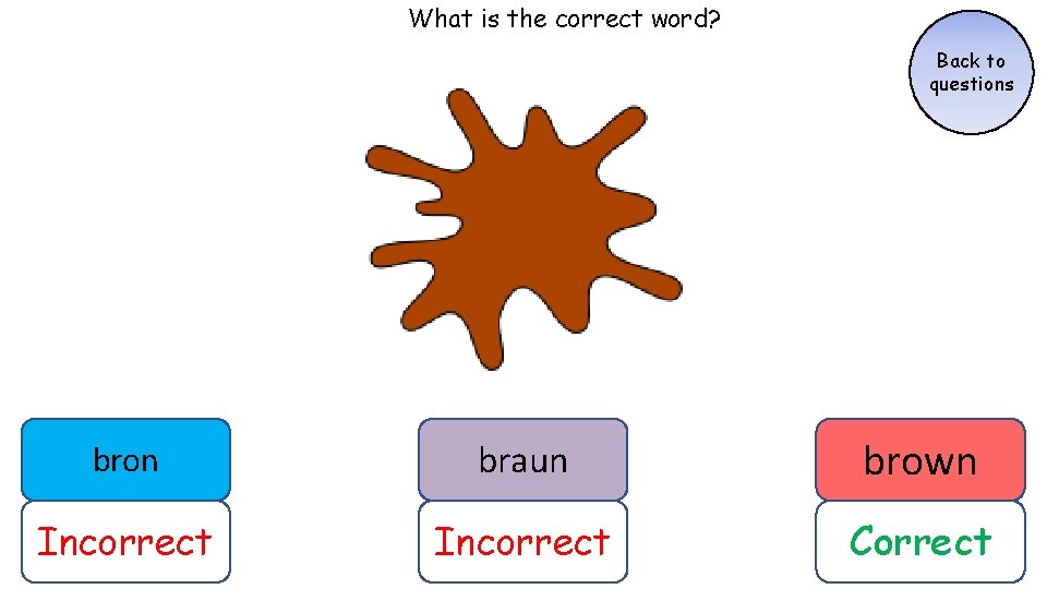 What is the correct word? Back to questions bron braun brown Incorrect Correct What is the correct word? Back to questions bron braun brown Incorrect Correct