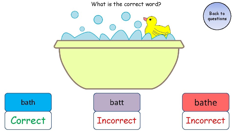 What is the correct word? Back to questions bath batt bathe Correct Incorrect What is the correct word? Back to questions bath batt bathe Correct Incorrect