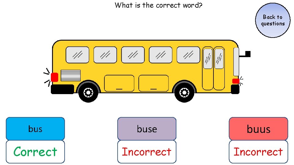 What is the correct word? Back to questions buse buus Correct Incorrect What is the correct word? Back to questions buse buus Correct Incorrect