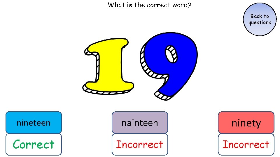 What is the correct word? Back to questions nineteen nainteen ninety Correct Incorrect What is the correct word? Back to questions nineteen nainteen ninety Correct Incorrect