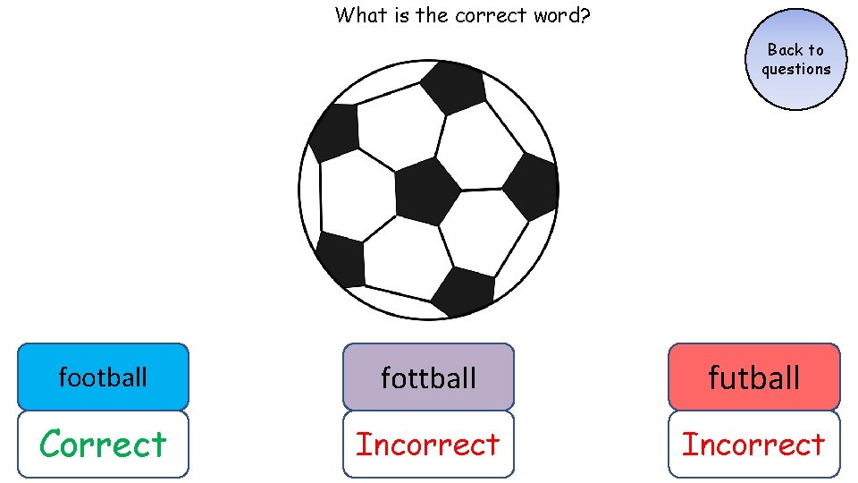What is the correct word? Back to questions football fottball futball Correct Incorrect What is the correct word? Back to questions football fottball futball Correct Incorrect