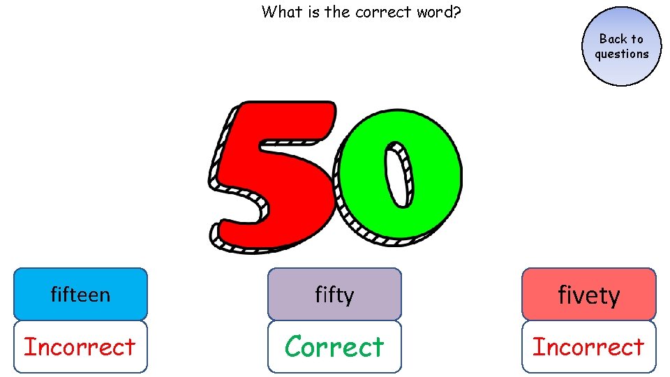 What is the correct word? Back to questions fifteen fifty fivety Incorrect Correct Incorrect What is the correct word? Back to questions fifteen fifty fivety Incorrect Correct Incorrect
