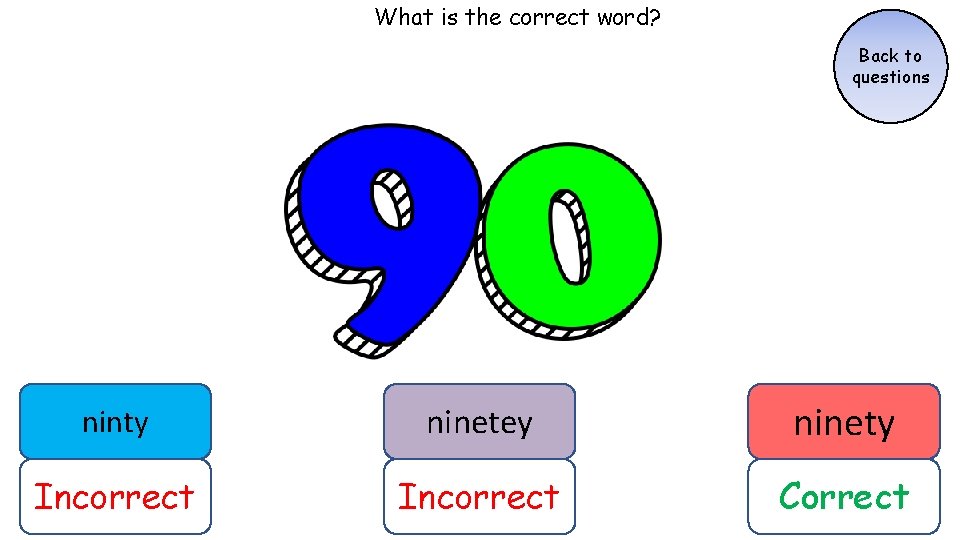 What is the correct word? Back to questions ninty ninetey ninety Incorrect Correct What is the correct word? Back to questions ninty ninetey ninety Incorrect Correct