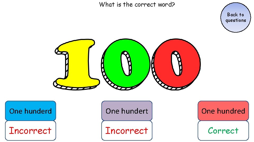 What is the correct word? Back to questions One hunderd One hundert One hundred What is the correct word? Back to questions One hunderd One hundert One hundred