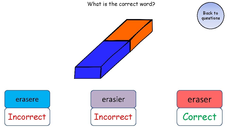What is the correct word? Back to questions erasere erasier eraser Incorrect Correct What is the correct word? Back to questions erasere erasier eraser Incorrect Correct