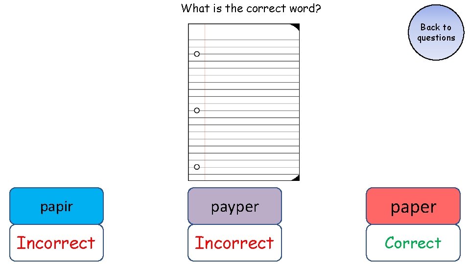What is the correct word? Back to questions papir payper paper Incorrect Correct What is the correct word? Back to questions papir payper paper Incorrect Correct