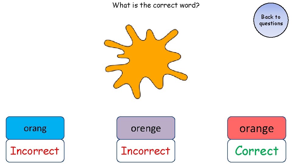 What is the correct word? Back to questions orang orenge orange Incorrect Correct What is the correct word? Back to questions orang orenge orange Incorrect Correct