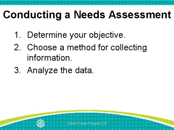 Conducting a Needs Assessment 1. Determine your objective. 2. Choose a method for collecting