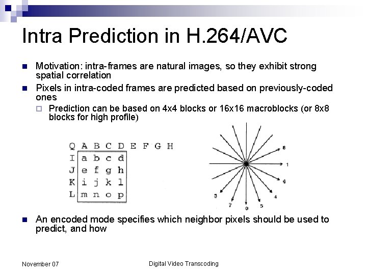 Intra Prediction in H. 264/AVC n n Motivation: intra-frames are natural images, so they