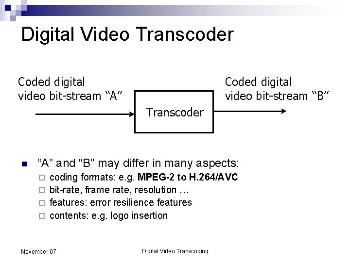 Digital Video Transcoder Coded digital video bit-stream “A” Coded digital video bit-stream “B” Transcoder