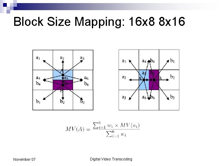 Block Size Mapping: 16 x 8 8 x 16 November 07 Digital Video Transcoding