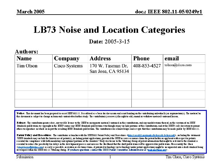 March 2005 doc. : IEEE 802. 11 -05/0249 r 1 LB 73 Noise and