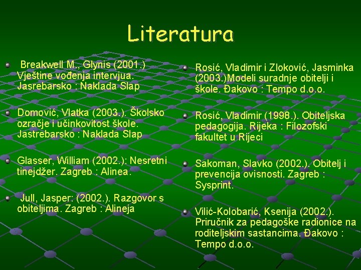 Literatura Breakwell M. , Glynis (2001. ) Vještine vođenja intervjua. Jasrebarsko : Naklada Slap