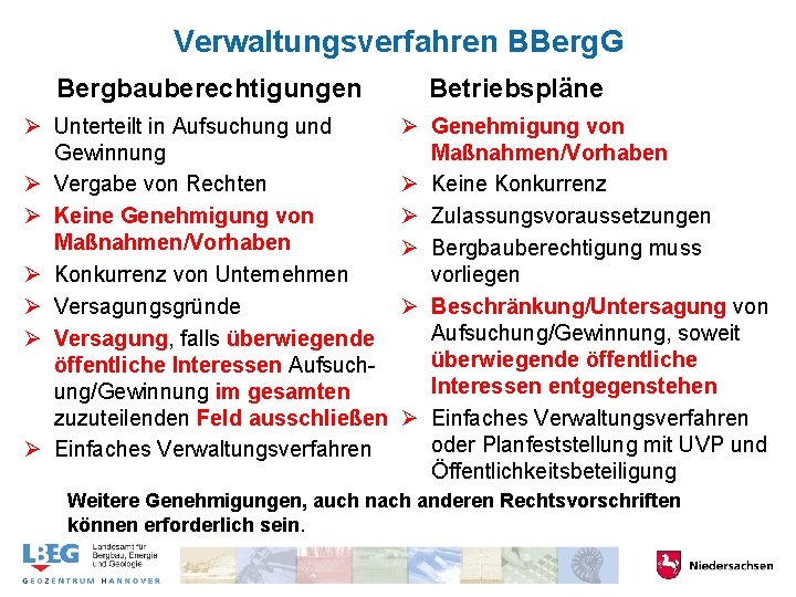 Verwaltungsverfahren BBerg. G Bergbauberechtigungen Ø Unterteilt in Aufsuchung und Gewinnung Ø Vergabe von Rechten