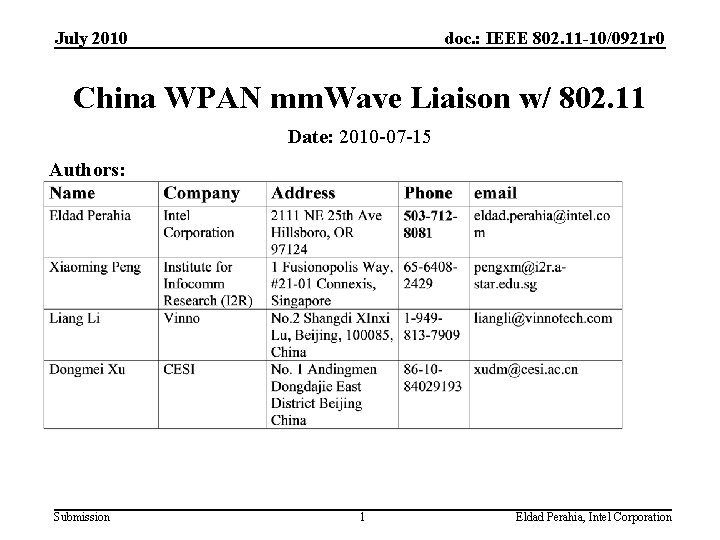 July 2010 doc. : IEEE 802. 11 -10/0921 r 0 China WPAN mm. Wave
