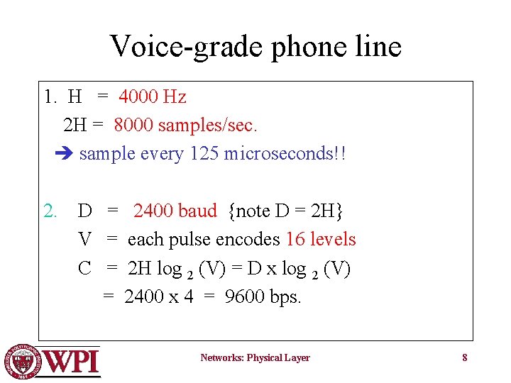 Voice-grade phone line 1. H = 4000 Hz 2 H = 8000 samples/sec. sample