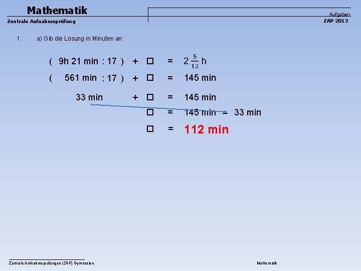 Mathematik 2013 Lsungen Zentrale Aufnahmeprfung ZAP Kanton Zrich