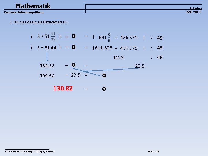 Mathematik 2013 Lsungen Zentrale Aufnahmeprfung ZAP Kanton Zrich