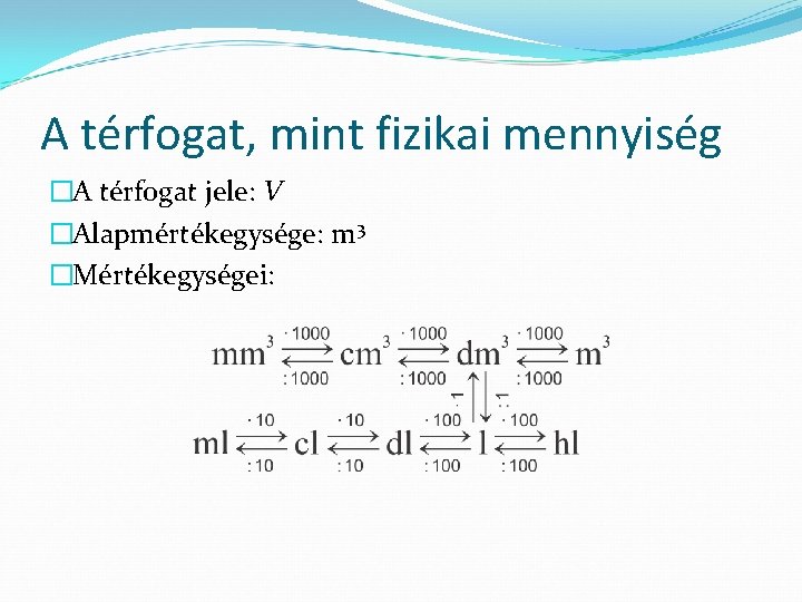 A térfogat, mint fizikai mennyiség �A térfogat jele: V �Alapmértékegysége: m 3 �Mértékegységei: 