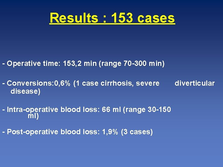 Results : 153 cases - Operative time: 153, 2 min (range 70 -300 min)