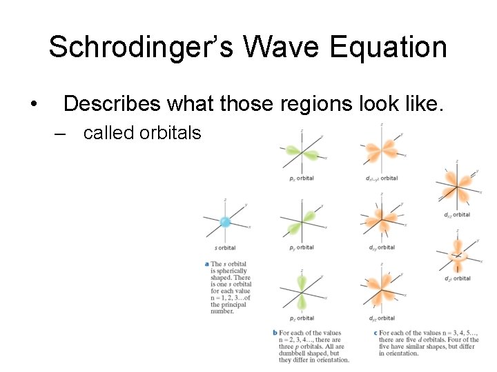 Schrodinger’s Wave Equation • Describes what those regions look like. – called orbitals 