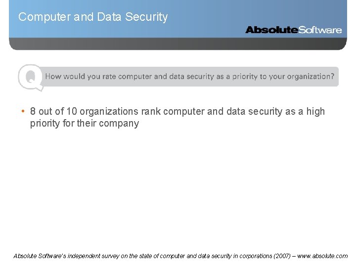 Computer and Data Security • 8 out of 10 organizations rank computer and data