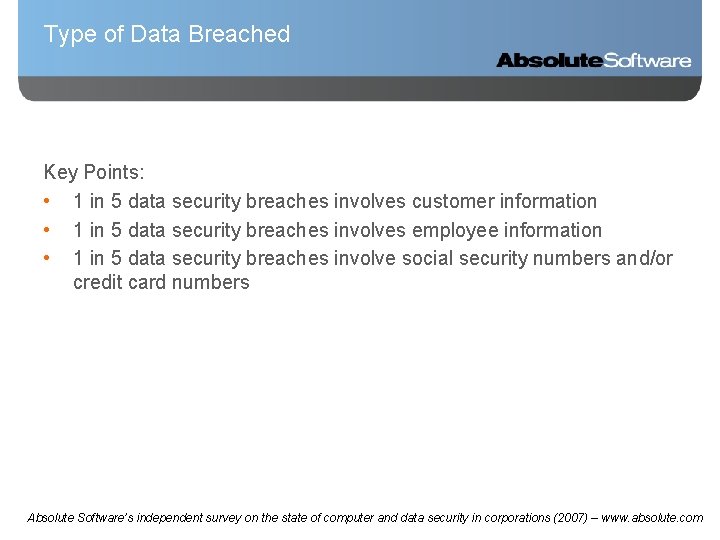 Type of Data Breached Key Points: • 1 in 5 data security breaches involves