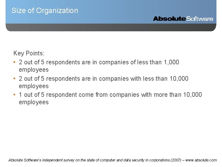 Size of Organization Key Points: • 2 out of 5 respondents are in companies