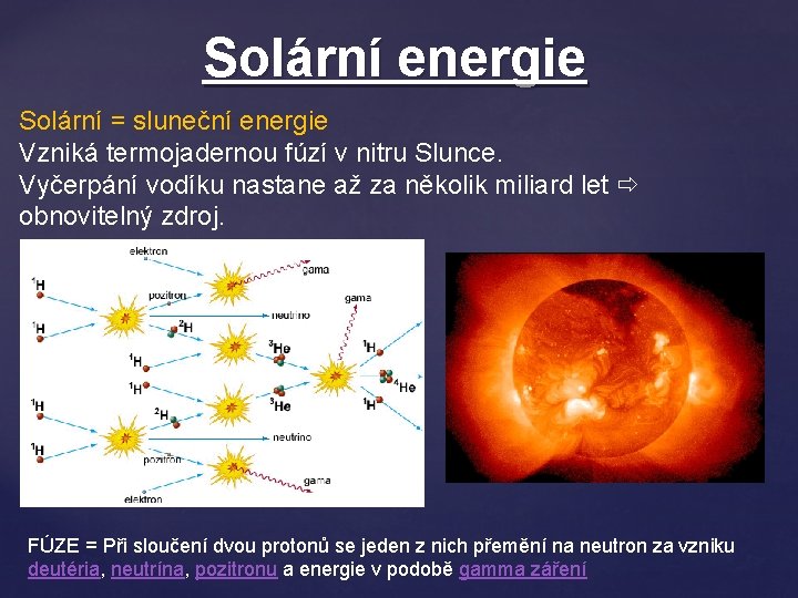 Solární energie Solární = sluneční energie Vzniká termojadernou fúzí v nitru Slunce. Vyčerpání vodíku