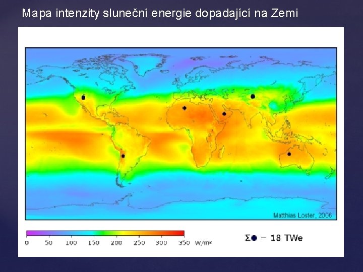 Mapa intenzity sluneční energie dopadající na Zemi 