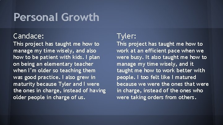 Personal Growth Candace: Tyler: This project has taught me how to manage my time