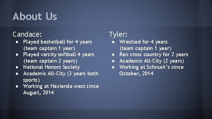 About Us Candace: ● Played basketball for 4 years (team captain 1 year) ●
