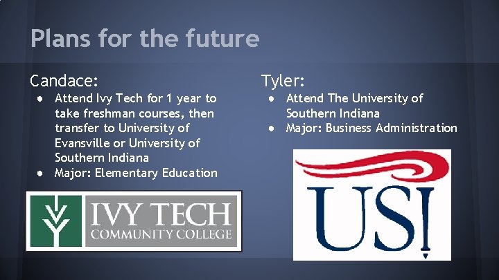 Plans for the future Candace: ● Attend Ivy Tech for 1 year to take