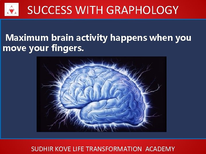 SUCCESS WITH GRAPHOLOGY Maximum brain activity happens when you move your fingers. SUDHIR KOVE