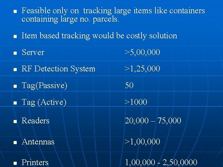 n Feasible only on tracking large items like containers containing large no. parcels. n