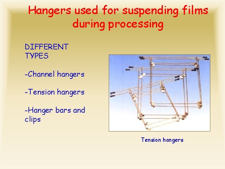 Hangers used for suspending films during processing DIFFERENT TYPES -Channel hangers -Tension hangers -Hanger